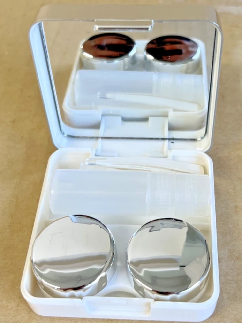 Silver Contact Lens Case Kit with Mirror, Bottle and Tweezers
